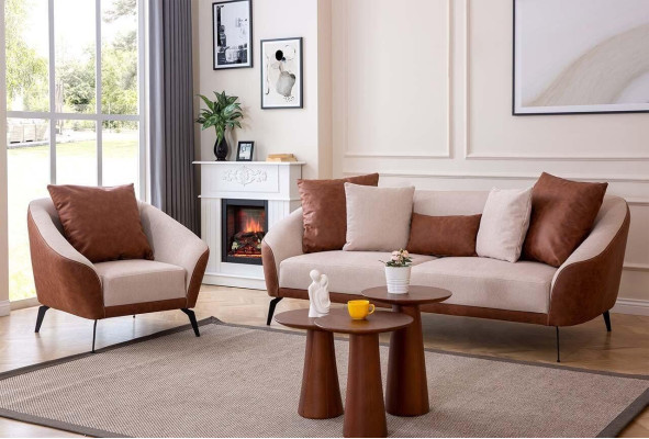 Brown-Beige Living Room Sofa Set Designer Three-Seater Luxury Armchair