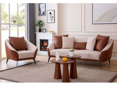 Brown-Beige Living Room Sofa Set Designer Three-Seater Luxury Armchair