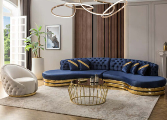 Sofa set upholstery furniture blue 2x 4-seater sofas armchair luxury living room