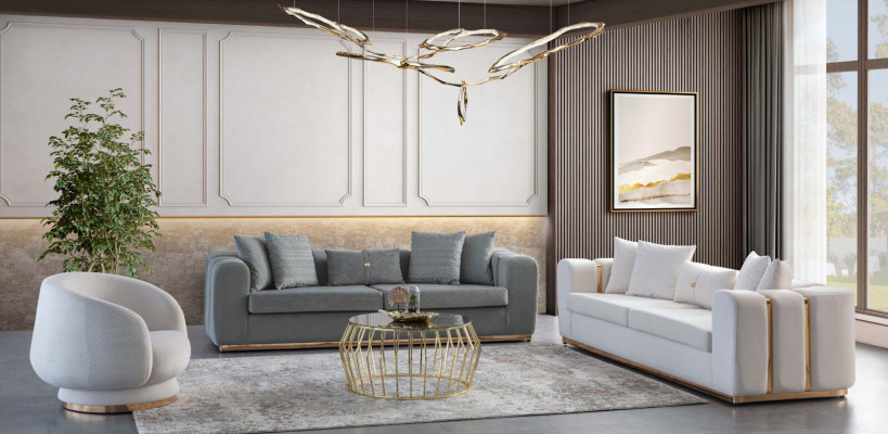 White-Grey Upholstered Furniture Luxurious Stainless Steel Sofa Set 4-Seater 3-Piece