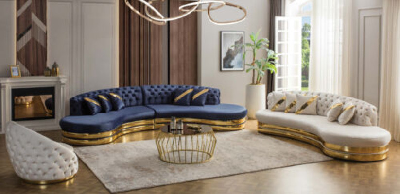 Designer Chesterfield Sofas, semicircular stainless steel couches, 4+3 seater, 3-piece