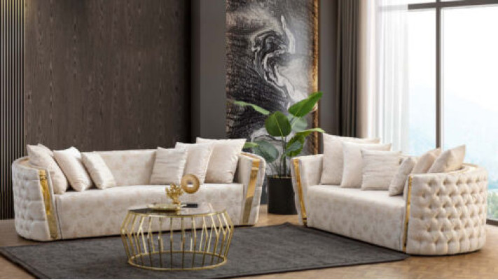 Complete beige Chesterfield seating set, 3-seater upholstery, 2-seater, 2 pieces