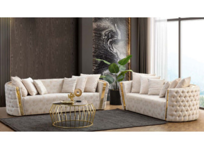 Complete beige Chesterfield seating set, 3-seater upholstery, 2-seater, 2 pieces