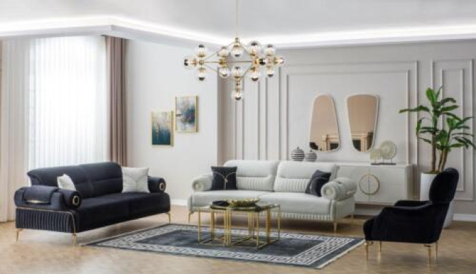 Three-piece blue fabric sofa set: three-seater, armchair, and couch upholstered sofa.