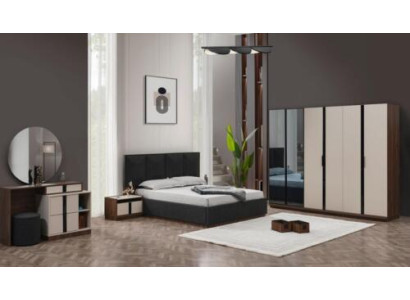 Complete double bed, bedside tables, wardrobe, beige, 6-piece bedroom set