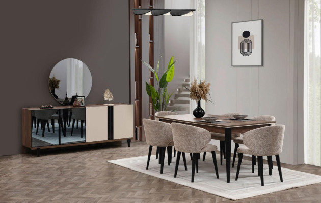 Dining corner dining group dining room dining table chairs sideboard set 8-piece brown