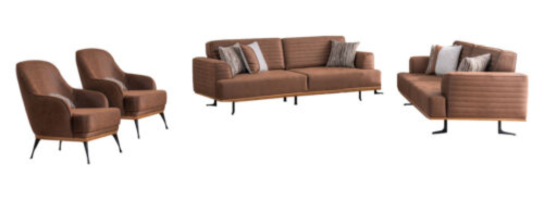 High-quality brown 4-piece upholstered furniture set consisting of three-seater sofas and an armchair.