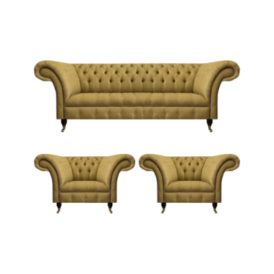 Yellow Living Room Set Complete 2x Chesterfield Armchairs Three-Seater Sofa Couch