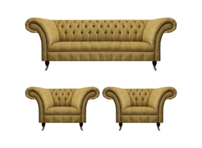 Yellow Living Room Set Complete 2x Chesterfield Armchairs Three-Seater Sofa Couch