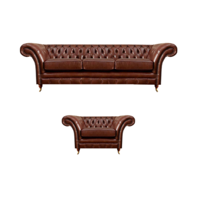 Brown Set 2-piece Three-seater Sofa Leather Armchair Chesterfield Living Room