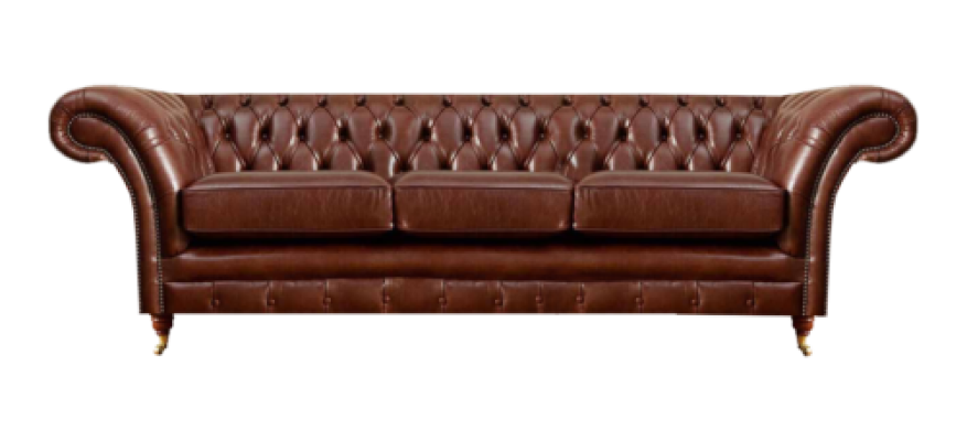 Three-seater sofa, Chesterfield style upholstery furniture, leather upholstered seat.