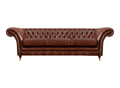Three-seater sofa, Chesterfield style upholstery furniture, leather upholstered seat.