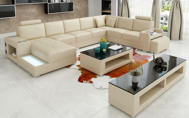 U-shaped sectional sofa, sideboard, coffee table, couch design, black, upholstery, leather, modern