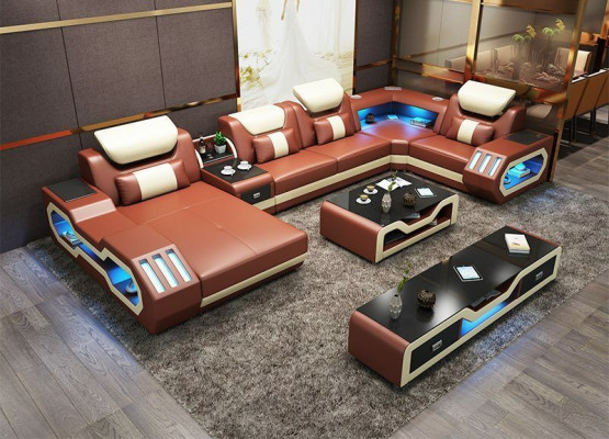 Living room landscape U-shaped corner sofa + coffee table + sideboard design