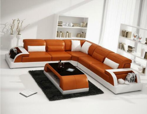 Sectional sofa L-shape + coffee table sofa couch design gray upholstery leather
