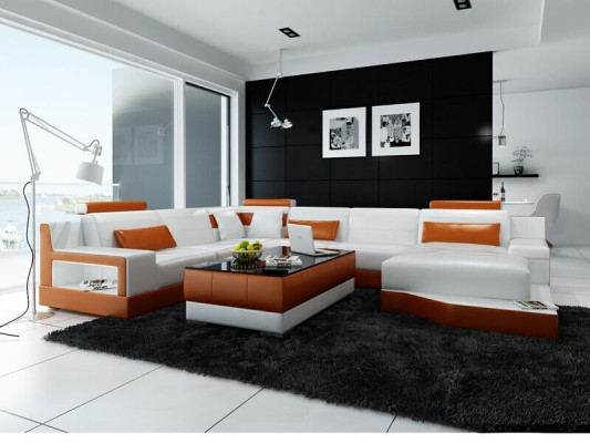 Corner sofa, sofa living landscape U-shape upholstered couch leather sofa white