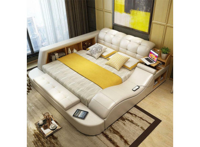 Luxury functional bed with safe, laptop tray, double marriage beds, XXL hotel leather