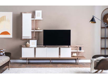 Stylish White Light Brown Living Room Set RTV Shelf Wooden Lowboard