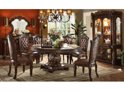 Brown Classic Baroque Dining Set Round Table 6x Leather Chesterfield Chairs