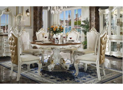 Classic White-Brown Dining Room Set Round Wooden Dining Table with Chesterfield Chairs 5-piece Set