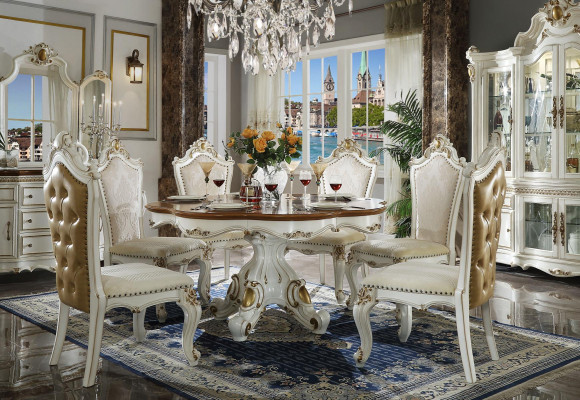 Noble wood round table + x6 chairs dining room luxury furniture