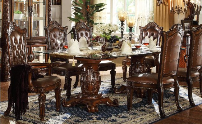 Brown classic dining table with leather Chesterfield chairs 7-piece set