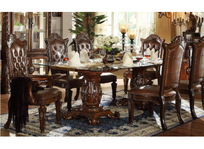 Brown classic dining table with leather Chesterfield chairs 7-piece set