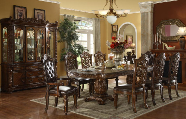 Complete Brown Baroque Dining Set Designer Dining Table Luxurious Leather Chairs
