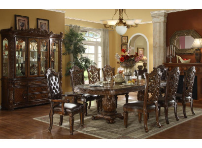 Complete Brown Baroque Dining Set Designer Dining Table Luxurious Leather Chairs