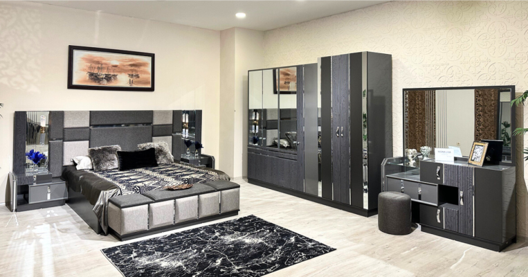 Luxury Gray Complete Bedroom Double Bed 2x Nightstands Wardrobe