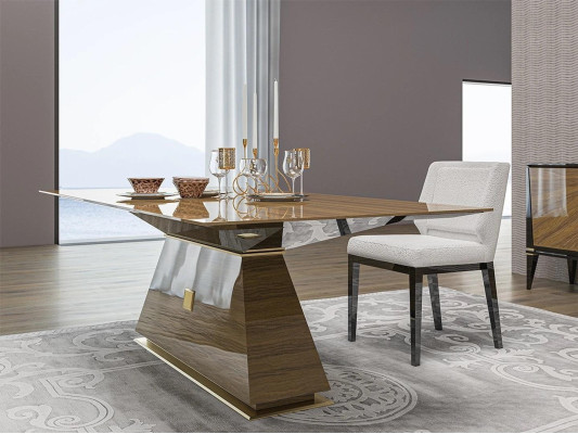 Luxury Group Textile Upholstery 4x Chairs Wood Dining Table Dining Room Design Set