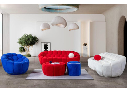 Large living room seating set designer 3-seater 2x upholstered stools armchair