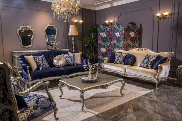 Luxury Single-Seater Armchair Upholstered Furniture Blue Floral Pattern Sofa Lounge Baroque