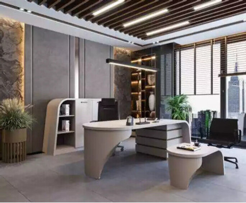 White Office Set: Executive Desk, Oval Coffee Table, File Cabinet, 3-Piece Shelf.