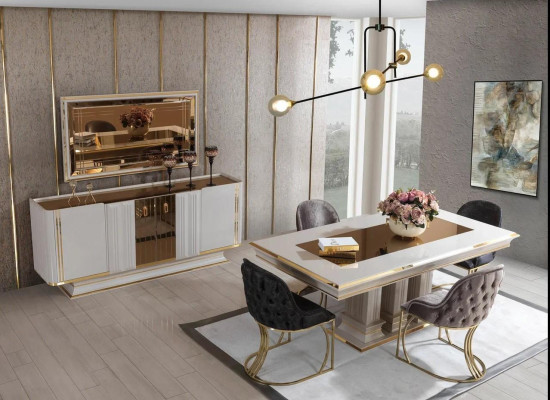 Set group table 6x chairs sideboard with mirror wood dining room design