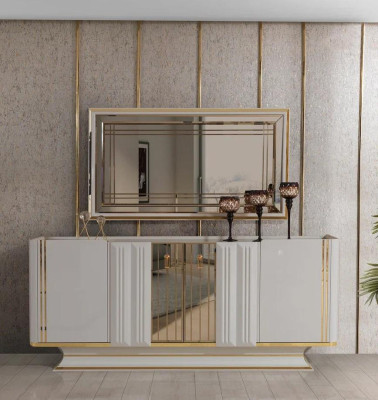 Set group table 6x chairs sideboard with mirror wood dining room design