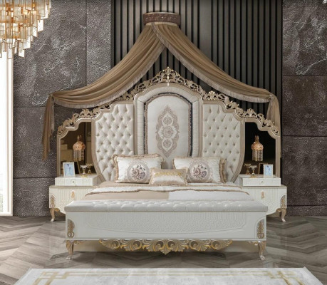 Bedroom set bed 2x bedside tables stool luxury new 5-piece design wood