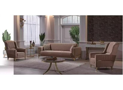 Beige Upholstered Sofa Set Designer 3+1+1 Seater Sofas Armchair 3-Piece Set