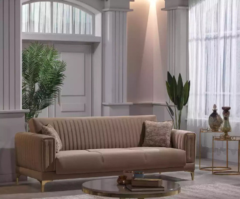 Beige Upholstered Sofa Set Designer 3+1+1 Seater Sofas Armchair 3-Piece Set