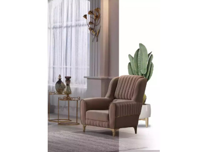 Brown textile armchair luxury living room single-seater wooden frame modern