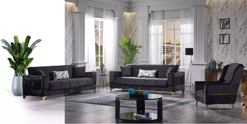 Black sofa set 3+3+1 seater couches fabric seating furniture armchair sofa