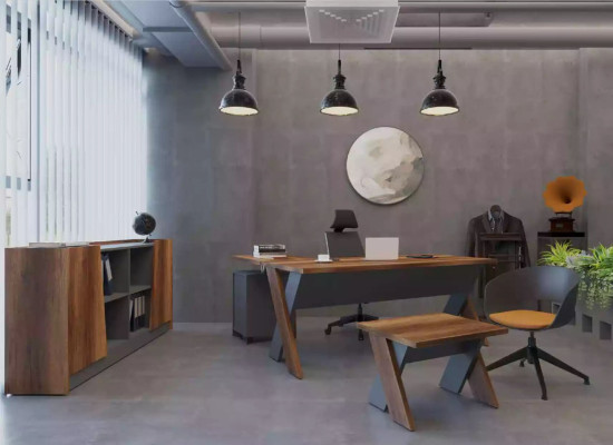 Desk, coffee table, bookshelf, study, office, modern, brown