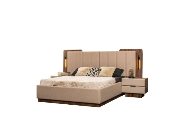 Complete bedroom double bed bed nightstands beige fabric 3-piece set