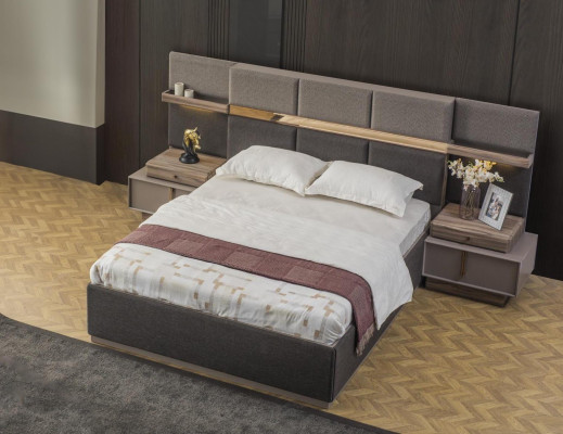 Complete Bedroom Double Bed Set 3-piece Bed Nightstands Gray Fabric