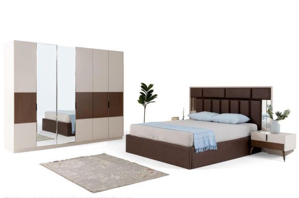 Bedroom set double bed nightstands brown 4-piece wood wardrobe