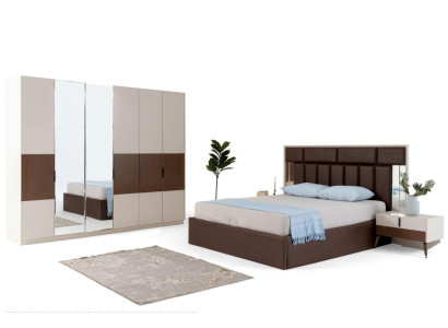Bedroom set double bed nightstands brown 4-piece wood wardrobe