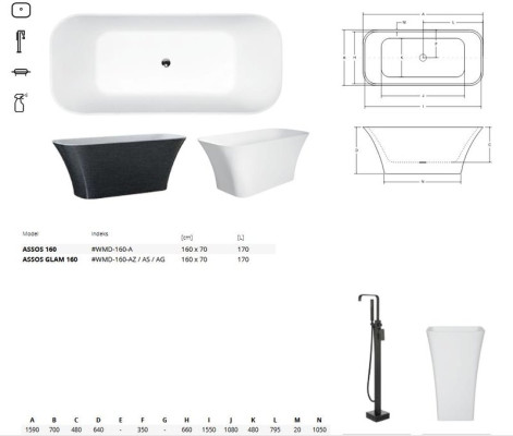 Exclusive freestanding bathtub acrylic tub bath 160x70