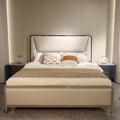 Bedroom bed beds designer double bed natural wood bed bed frame beige