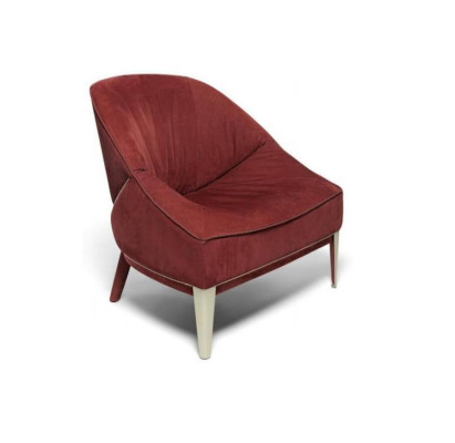 Red designer armchair with wooden legs, upholstered single-seater for living room furniture.