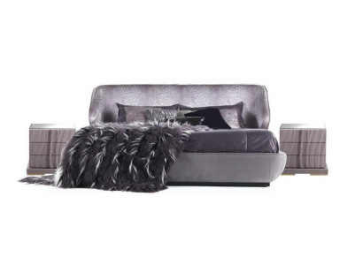 Gray Bedroom Set Bed 2x Nightstands Designer Double Bed Wood 3-piece